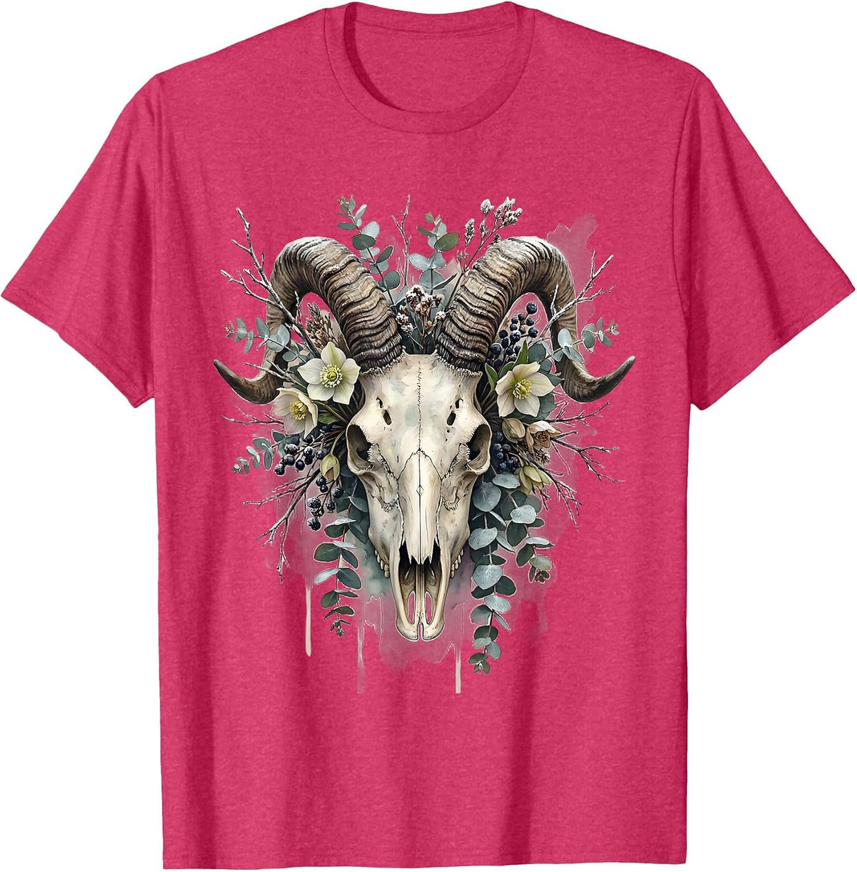 Men's Capricorn Crowned Goat Skull Winter Floral Zodiac T-Shirt - Red Heather