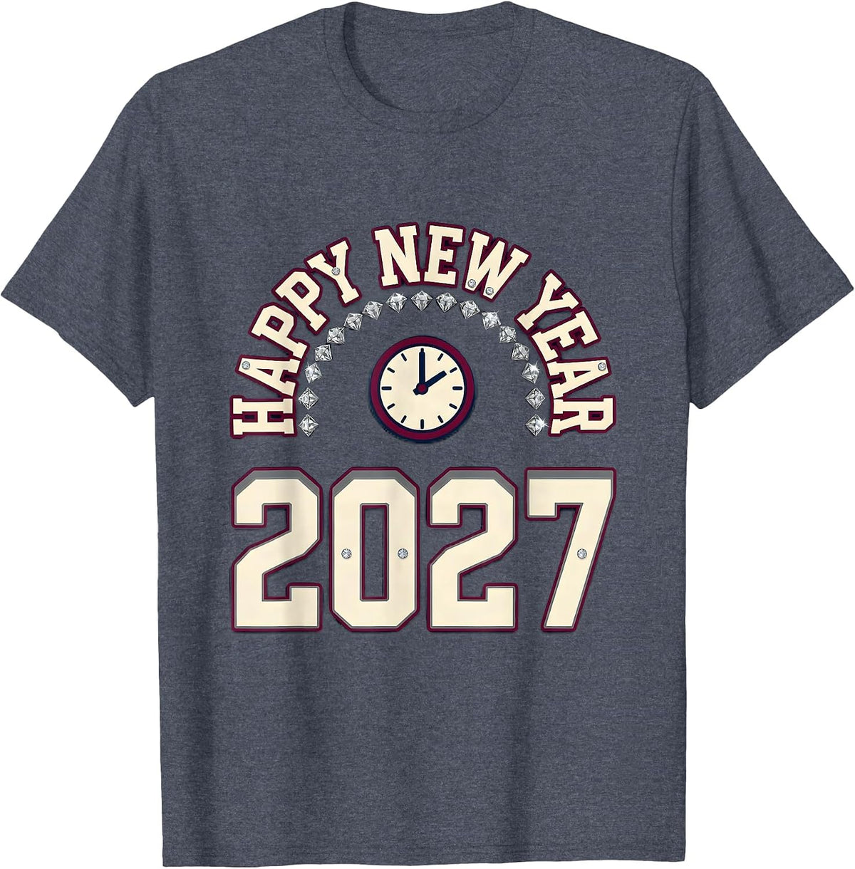 Happy New Year 2027 Sparkle Varsity Midnight Clock Party T-Shirt - Heather Blue