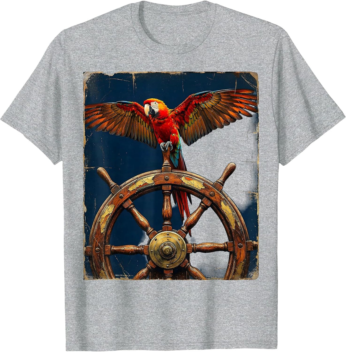 Men's Pirate Parrot on Ship's Helm Graphic Tee T-Shirt - Heather Grey