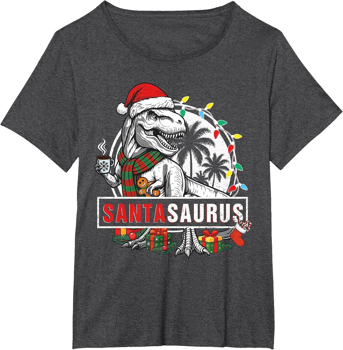 Santasaurus T rex Dinosaur Funny Santa Saurus Funny Family T-Shirt - Dark Heather Grey