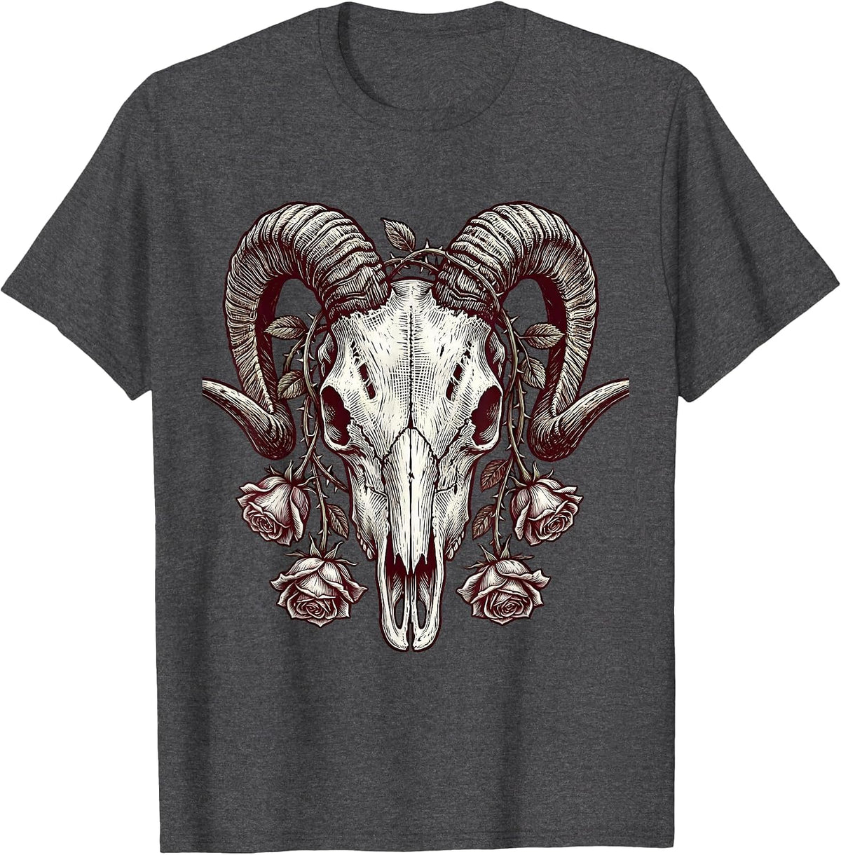 Goat Skull Upside-Down Roses Dark Horror Graphic T-Shirt - Dark Heather Grey