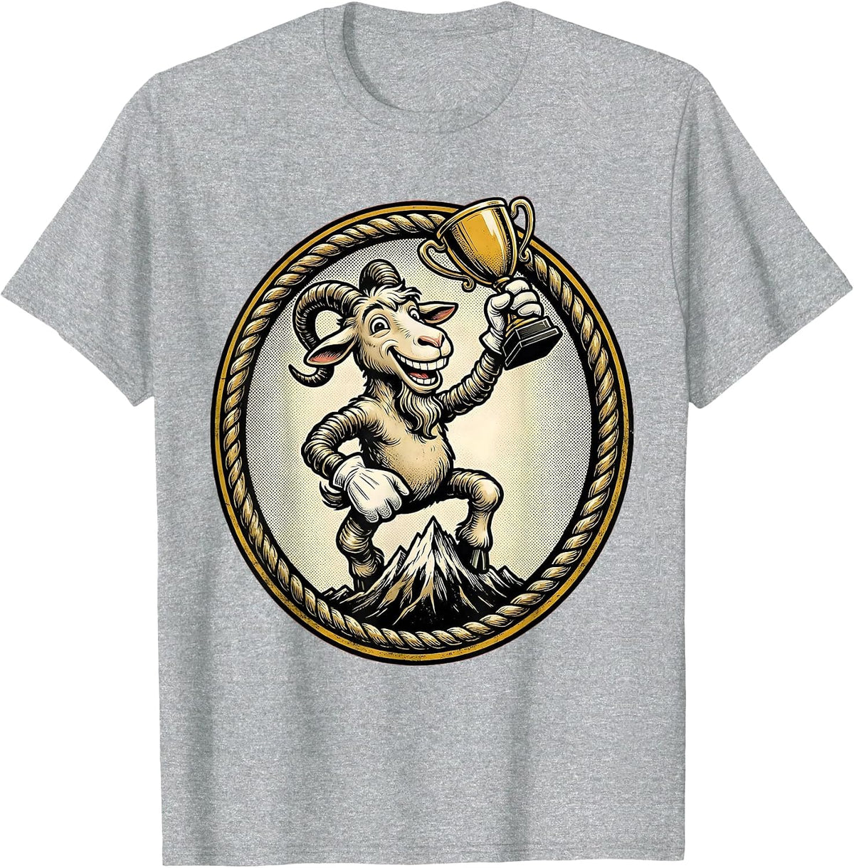 Men's Goat on Mountain Peak Holding Trophy Illustration T-Shirt - Heather Grey