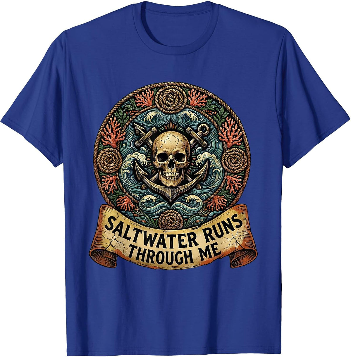 Men's Saltwater Runs Through Me Pirate Design T-Shirt - Royal Blue