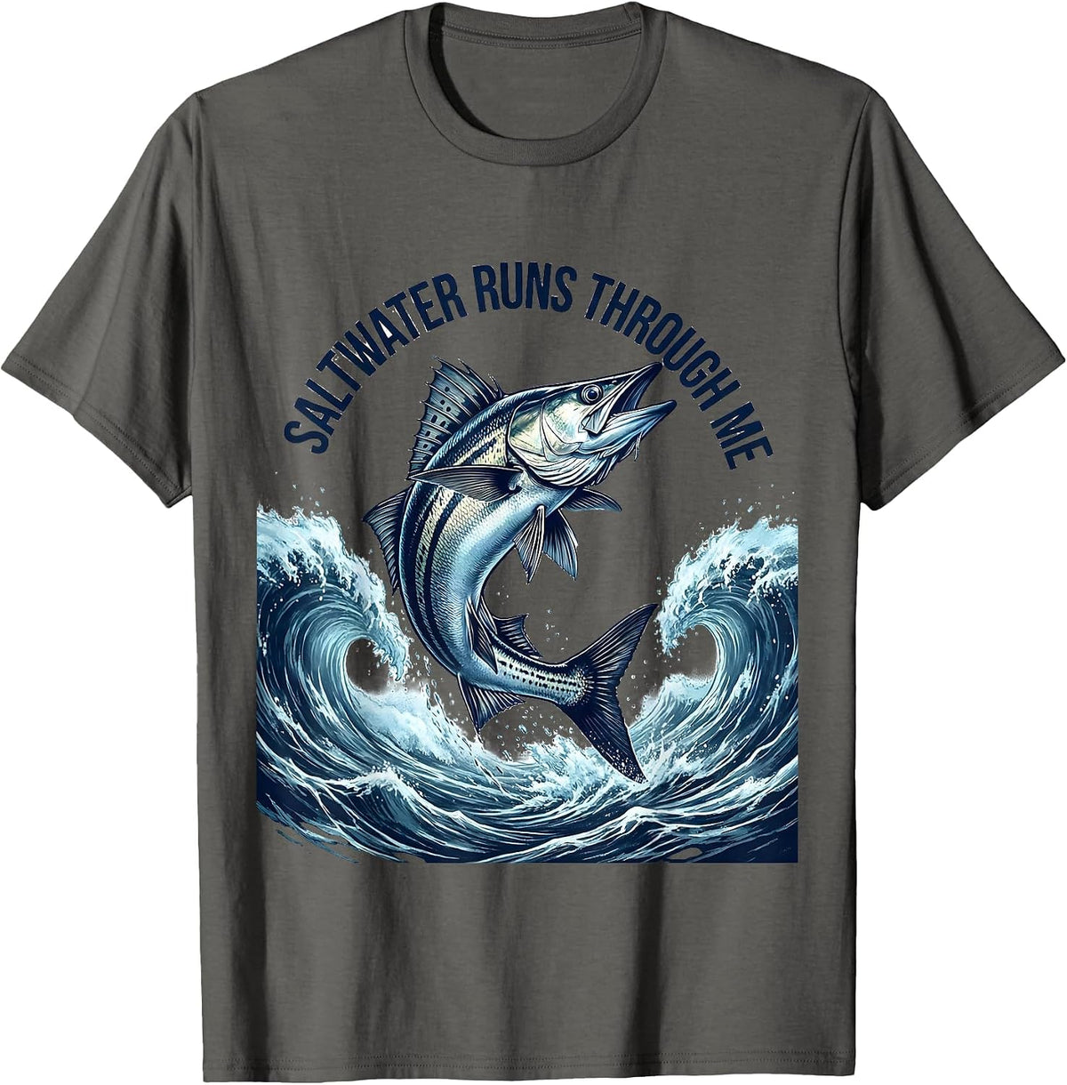 Men's Saltwater Runs Through Me Fishing Design T-Shirt - Asphalt Grey
