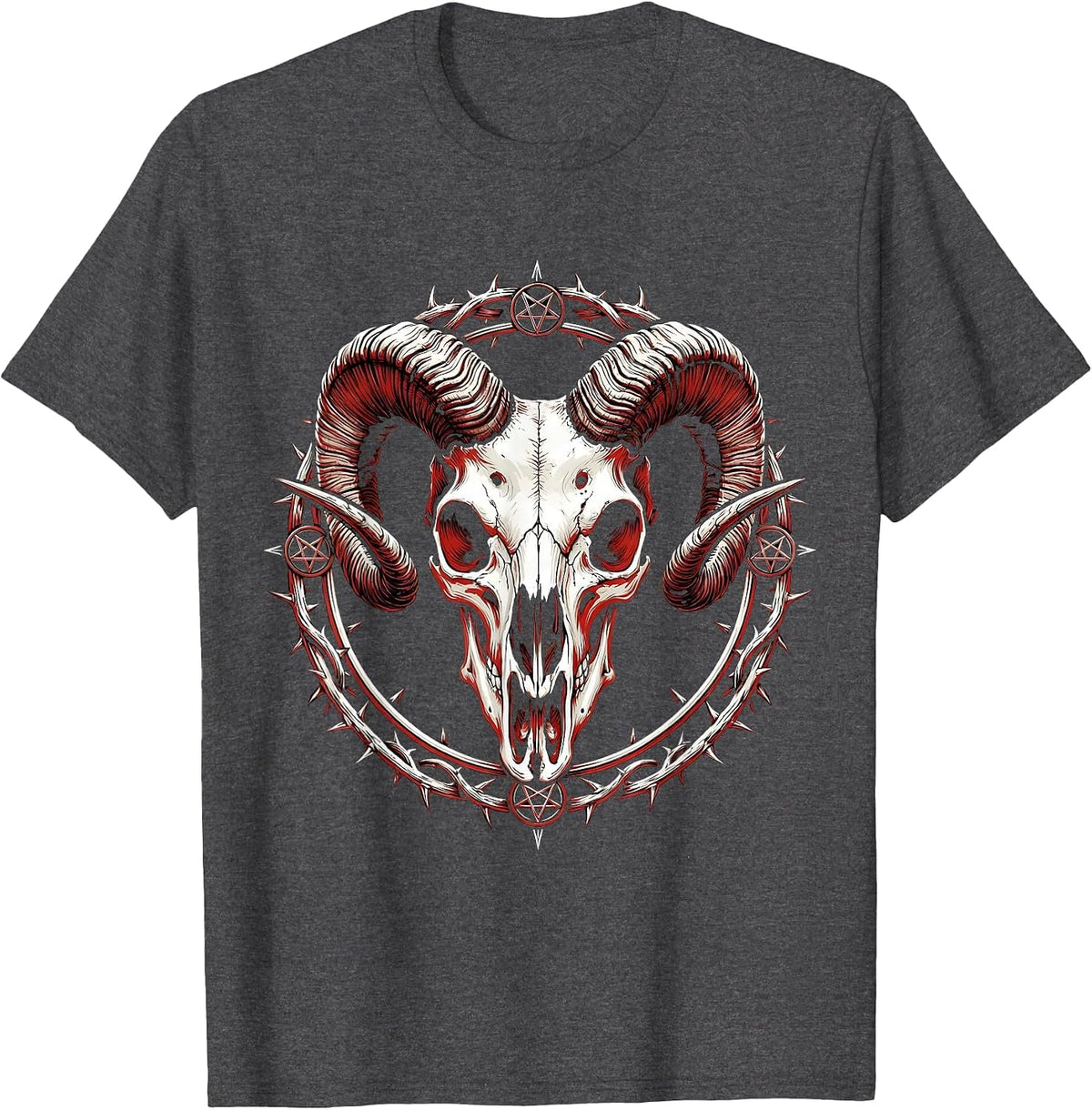Demonic Goat Skull Curved Horns Horror Art T-Shirt - Dark Heather Grey