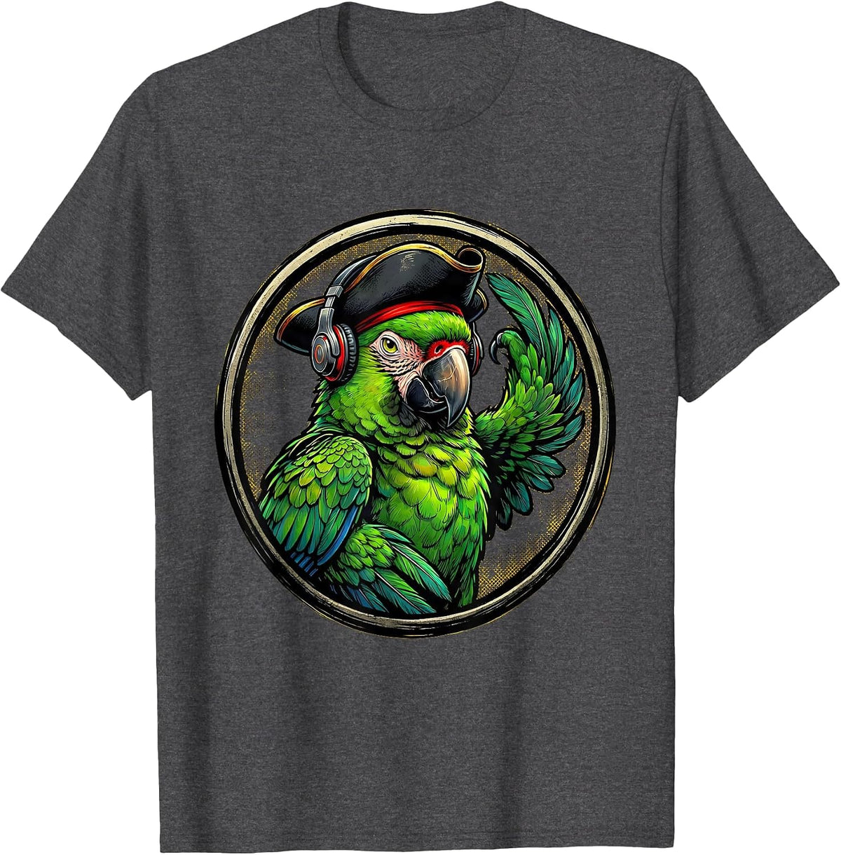 Funny Pirate Parrot With Tiny Earphones Graphic T-Shirt - Dark Heather Grey