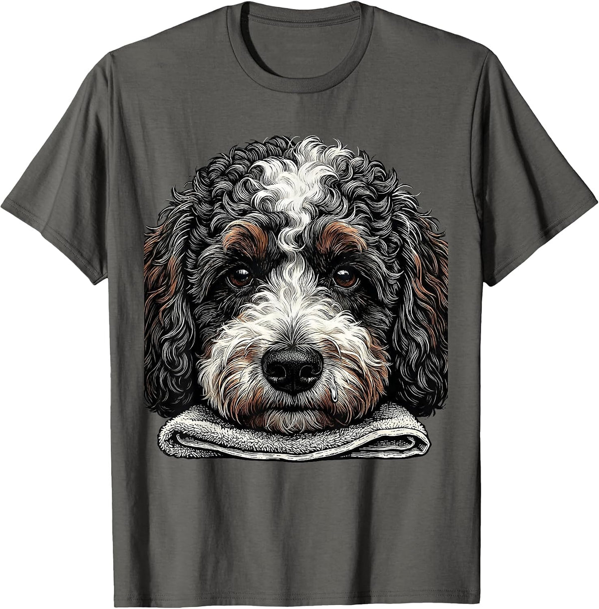 Men's Bernedoodle Tightly Cropped Woodcut Engraving Dog Lover T-Shirt - Asphalt Grey