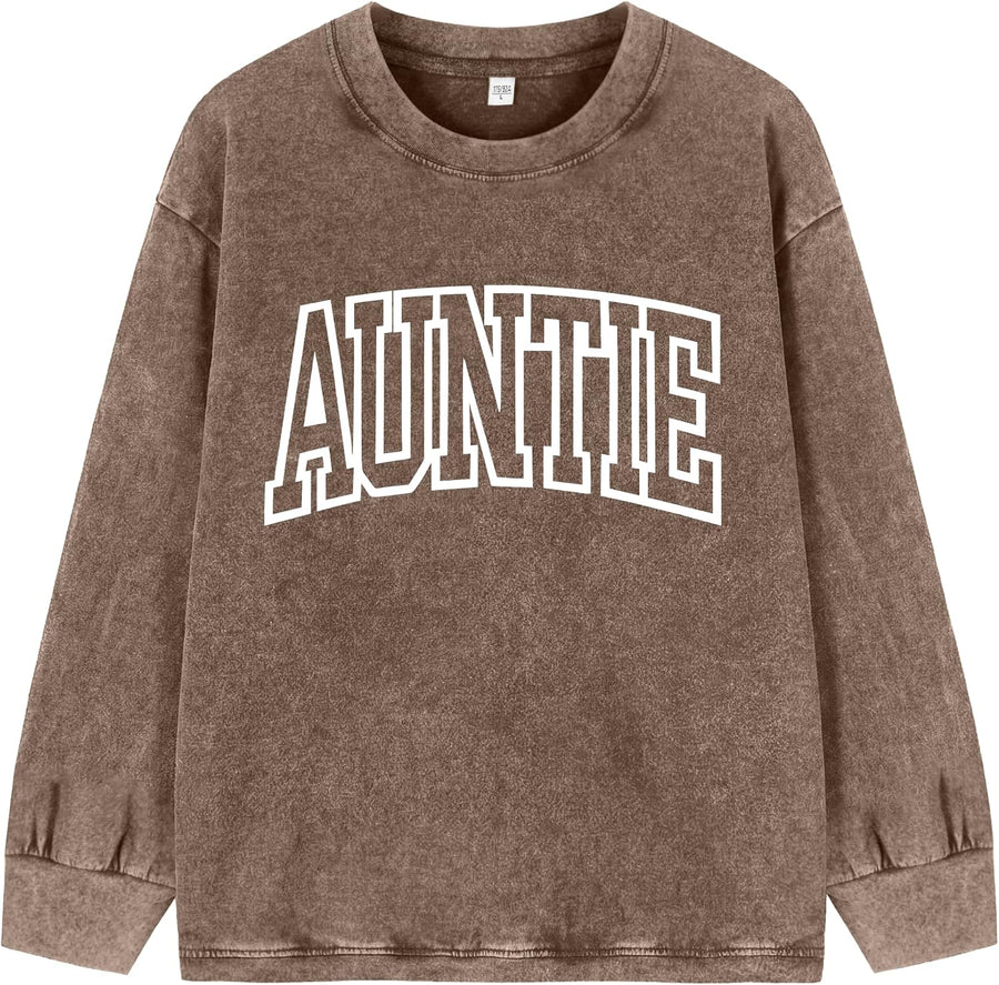 Auntie Letter Print Acid Wash T Shirt for Women Long Sleeve Oversized Vintage Aunt Gifts - Coffeebrown