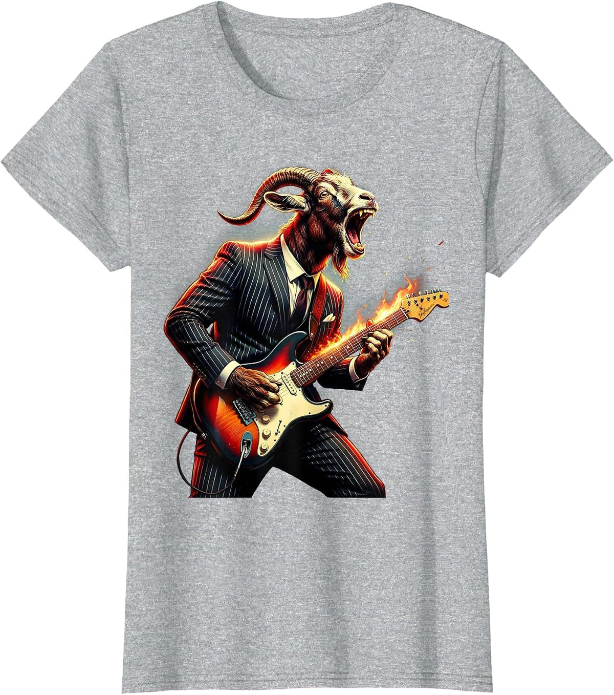 Women's Goat in a Suit Shredding Electric Guitar T-Shirt - Heather Grey