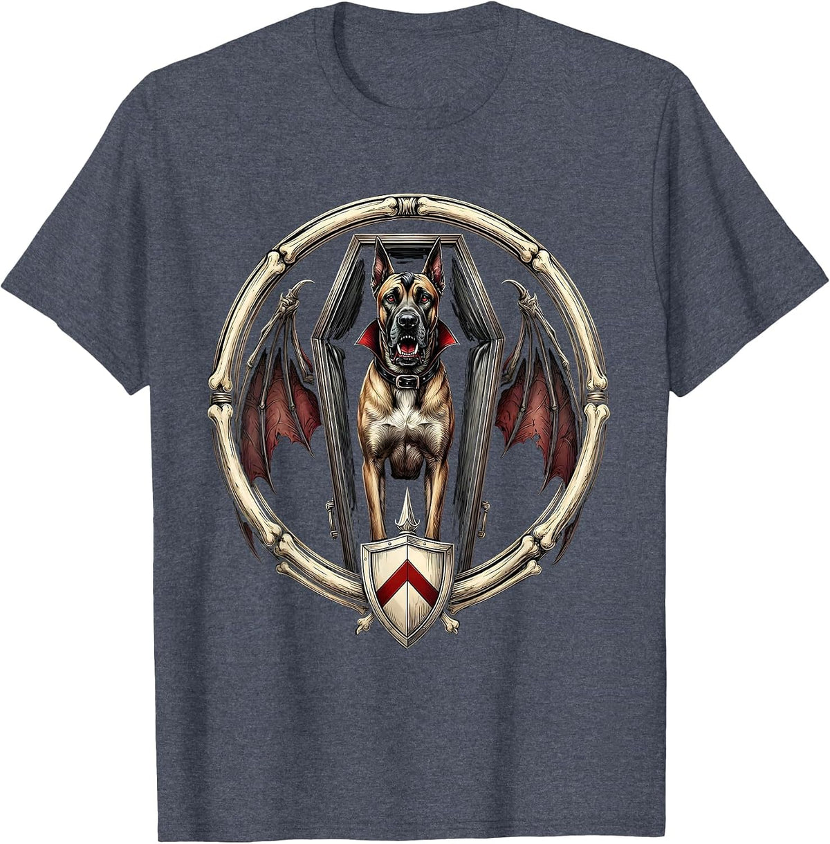 Great Dane Dracula Halloween Dog Coffin Design T-Shirt - Heather Blue