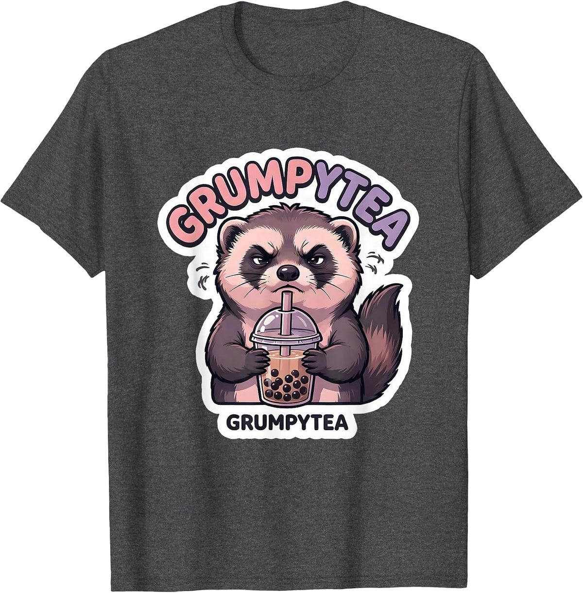 Grumpytea Kawaii Ferret Boba Tea Anime Aesthetic Sticker T-Shirt - Dark Heather Grey