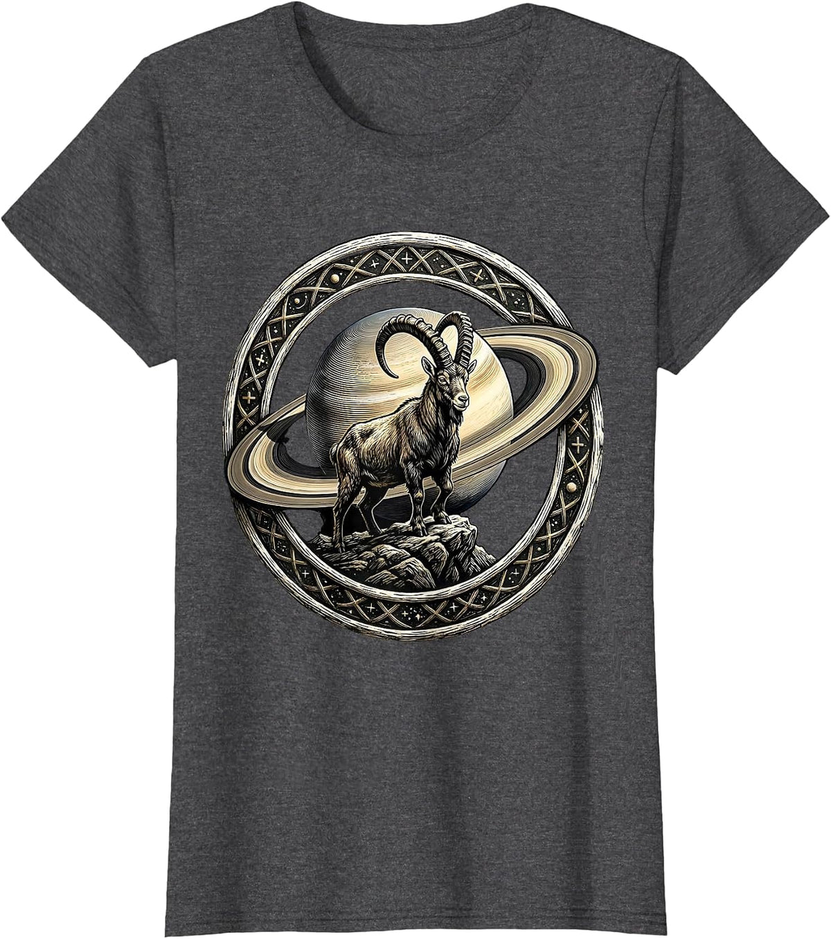 Women's Capricorn Goat Silhouette Saturn Zodiac Design T-Shirt - Dark Heather Grey