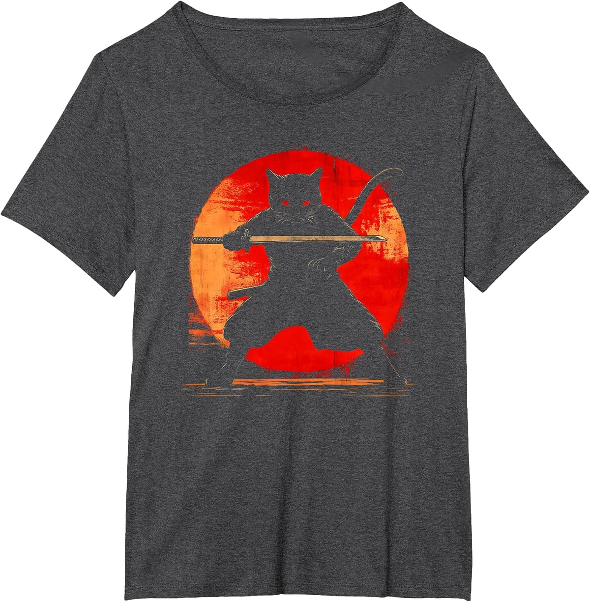 Black Samurai Cat Graphic Tee Katana Art Japanese Anime T-Shirt - Dark Heather Grey
