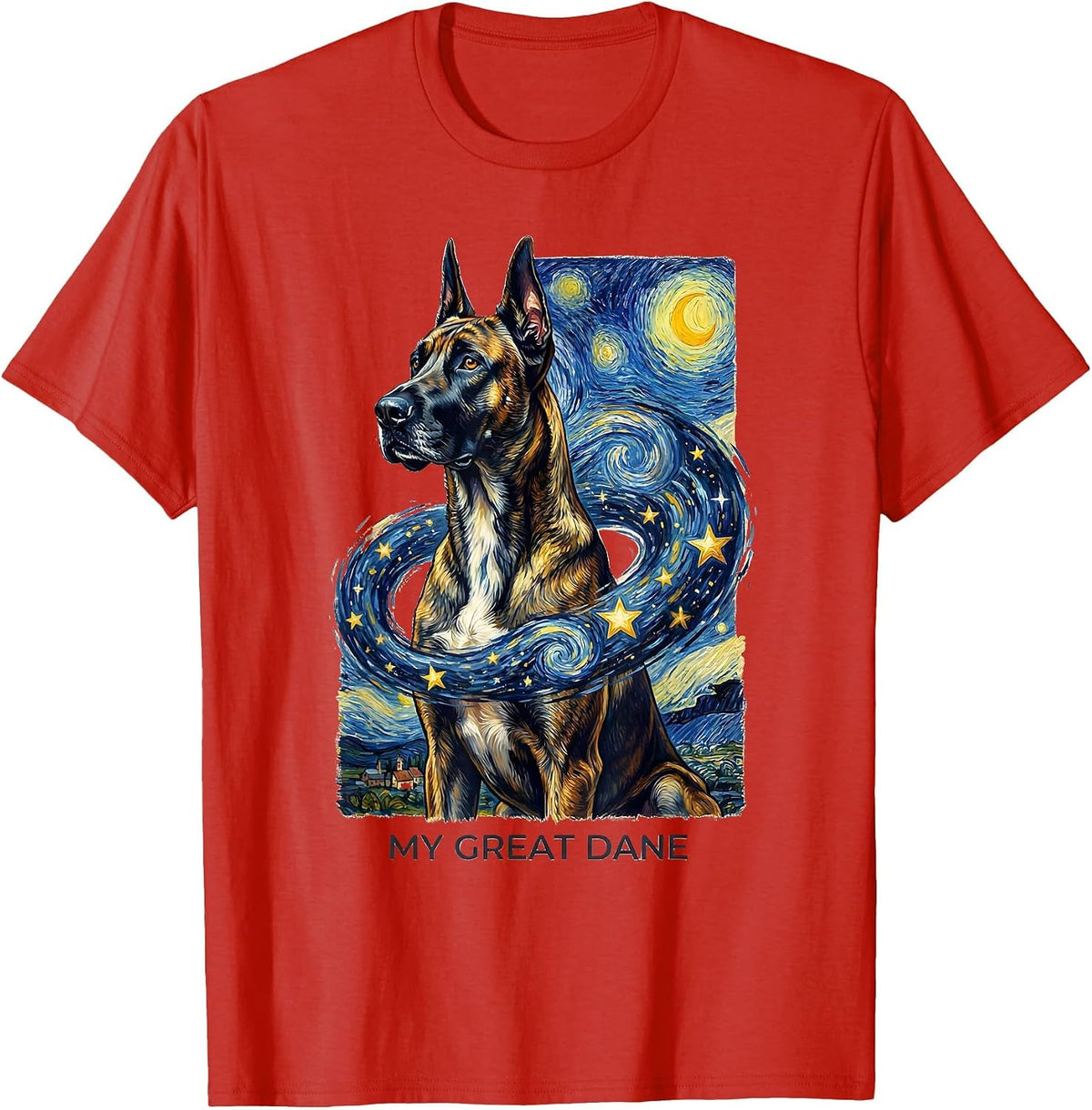 Men's My Great Dane Van Gogh Style Starry Night Dog Breed Portrait T-Shirt - Red
