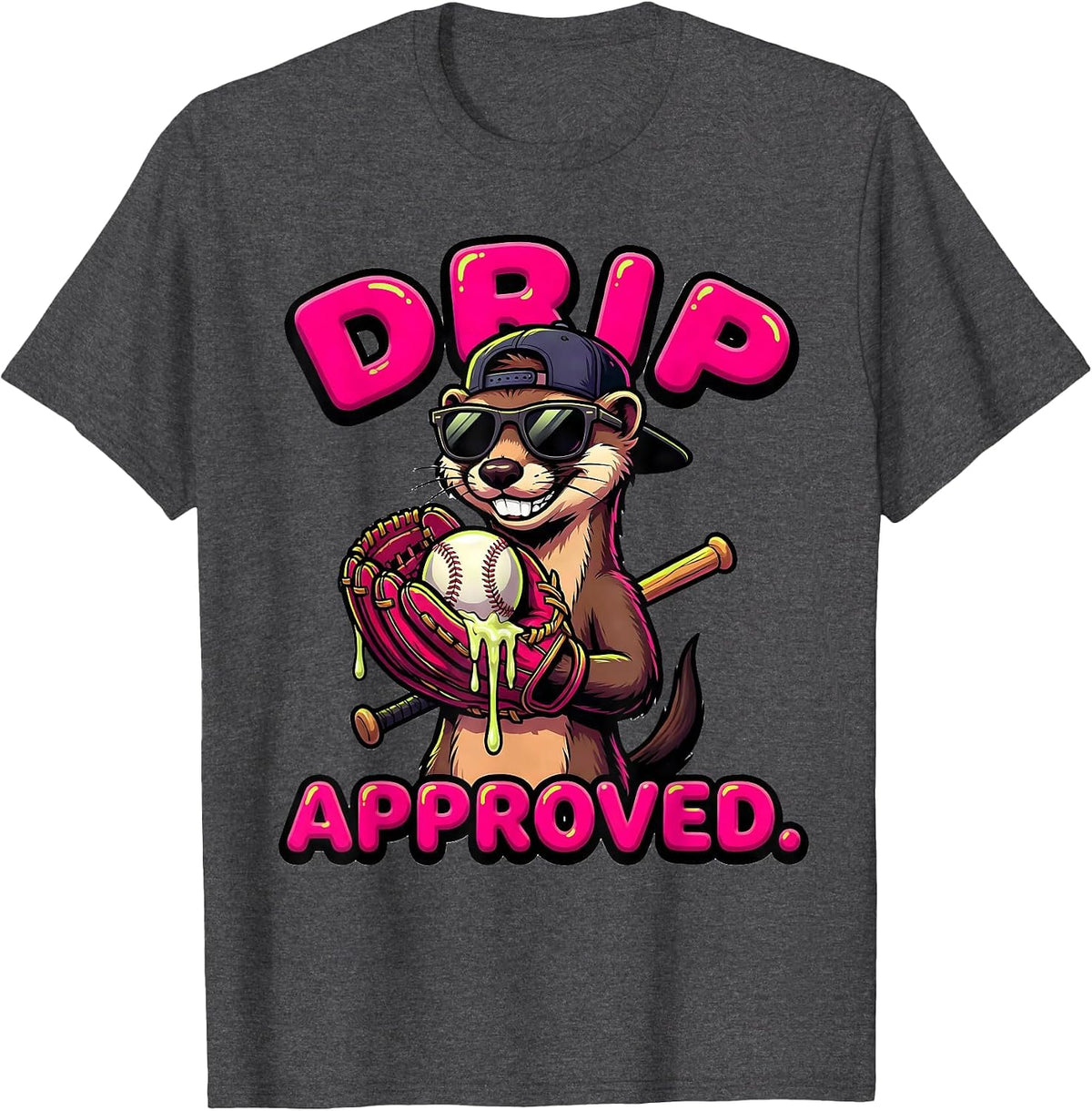 Drip Approved Cartoon Ferret Baseball Ice Cream Humor T-Shirt - Dark Heather Grey