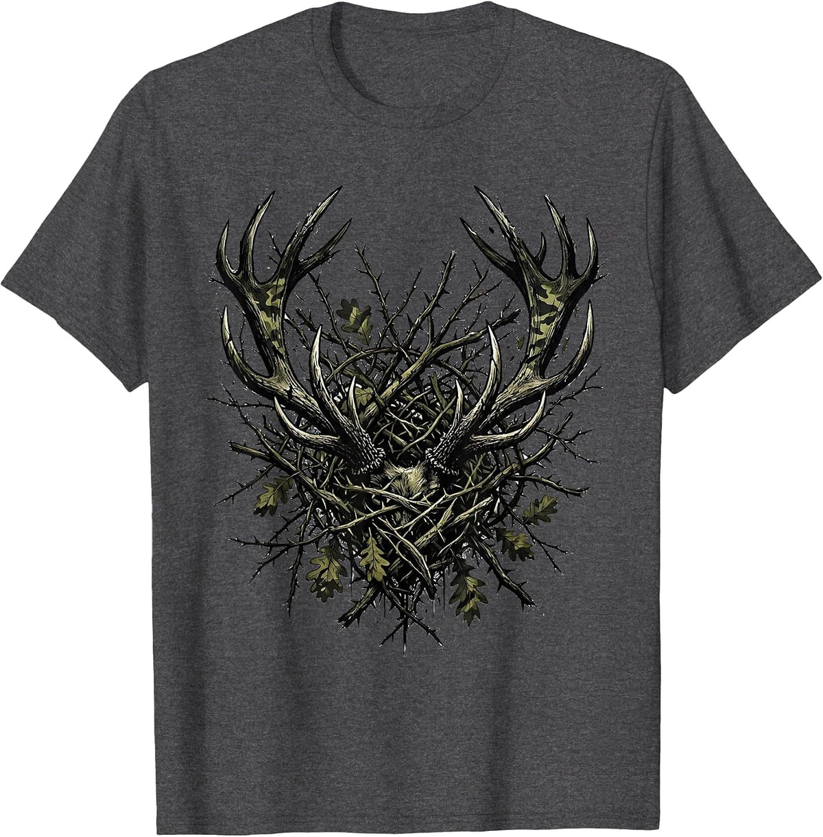 Camo Deer Antlers Hunting Graphic Design T-Shirt - Dark Heather Grey