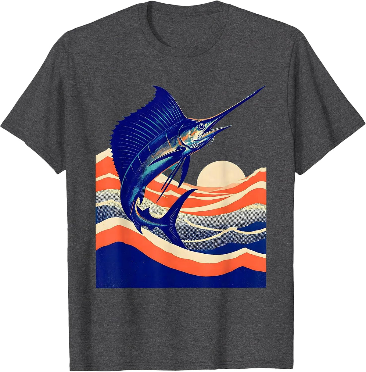 Sailfish Leaping Tropical Ocean Waves Caribbean T-Shirt - Dark Heather Grey
