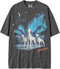 USA Shaka Wear Max-Heavyweight Oversized 7.5oz 100% Faded Cotton Tshirt of Dogs Howling at the Moon in Aurora Borealis -