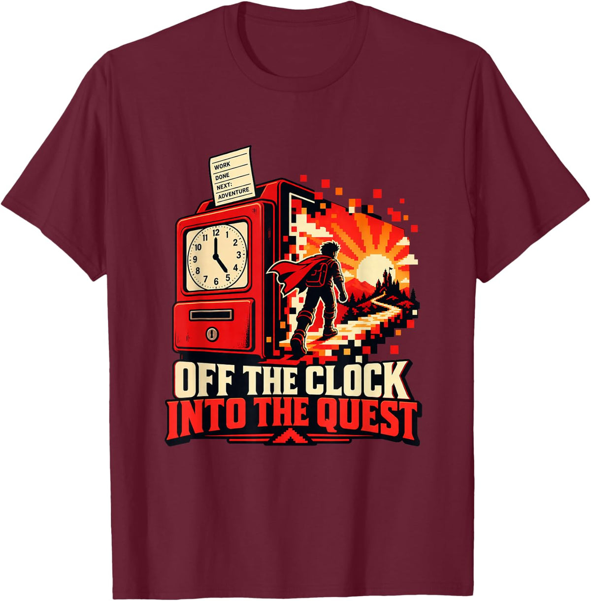 Red Time Clock and Pixel Art Adventure T-Shirt - Burgundy