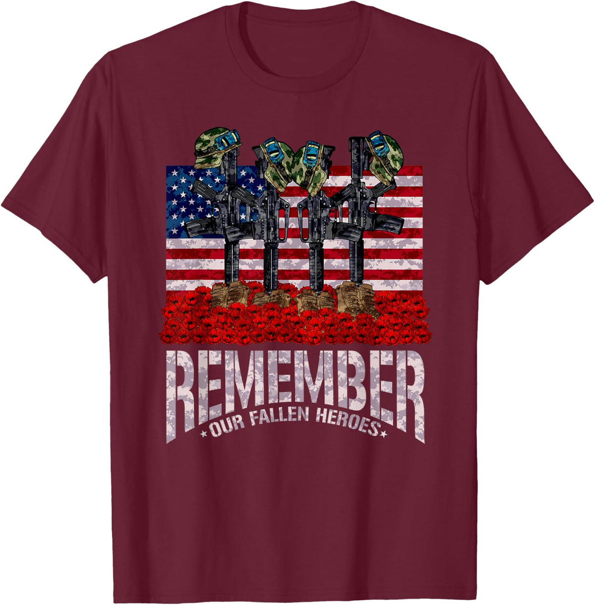 Remember Fallen Heroes Poppy Memorial Day Veteran Soldier T-Shirt - Burgundy