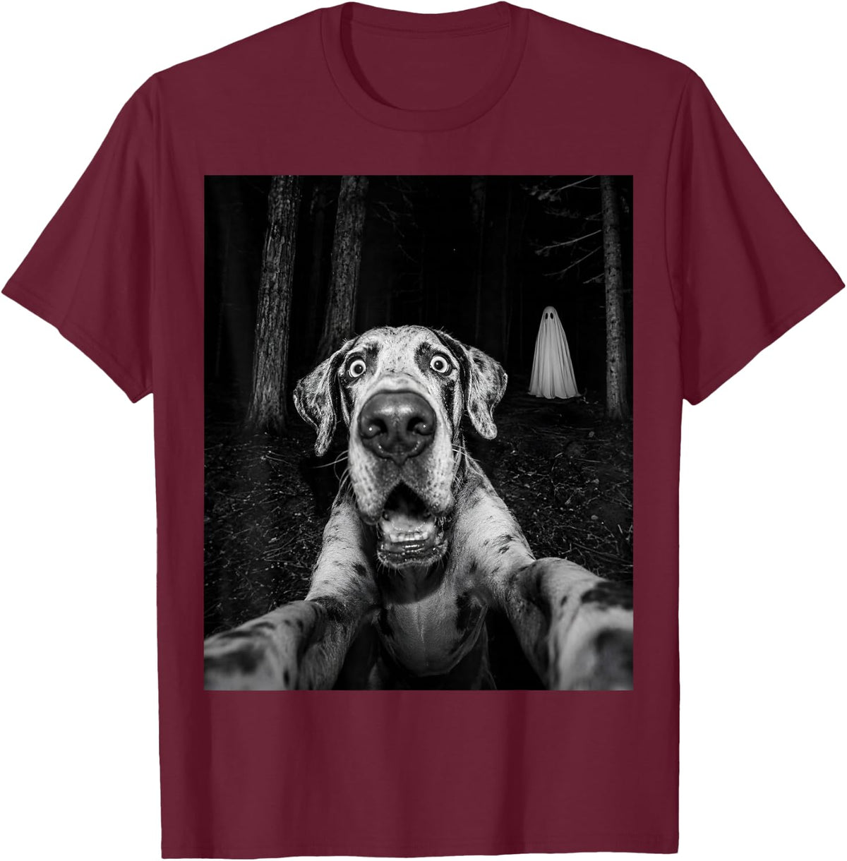 Spooky Great Dane Selfie with Ghost Halloween Dog Lover T-Shirt - Burgundy