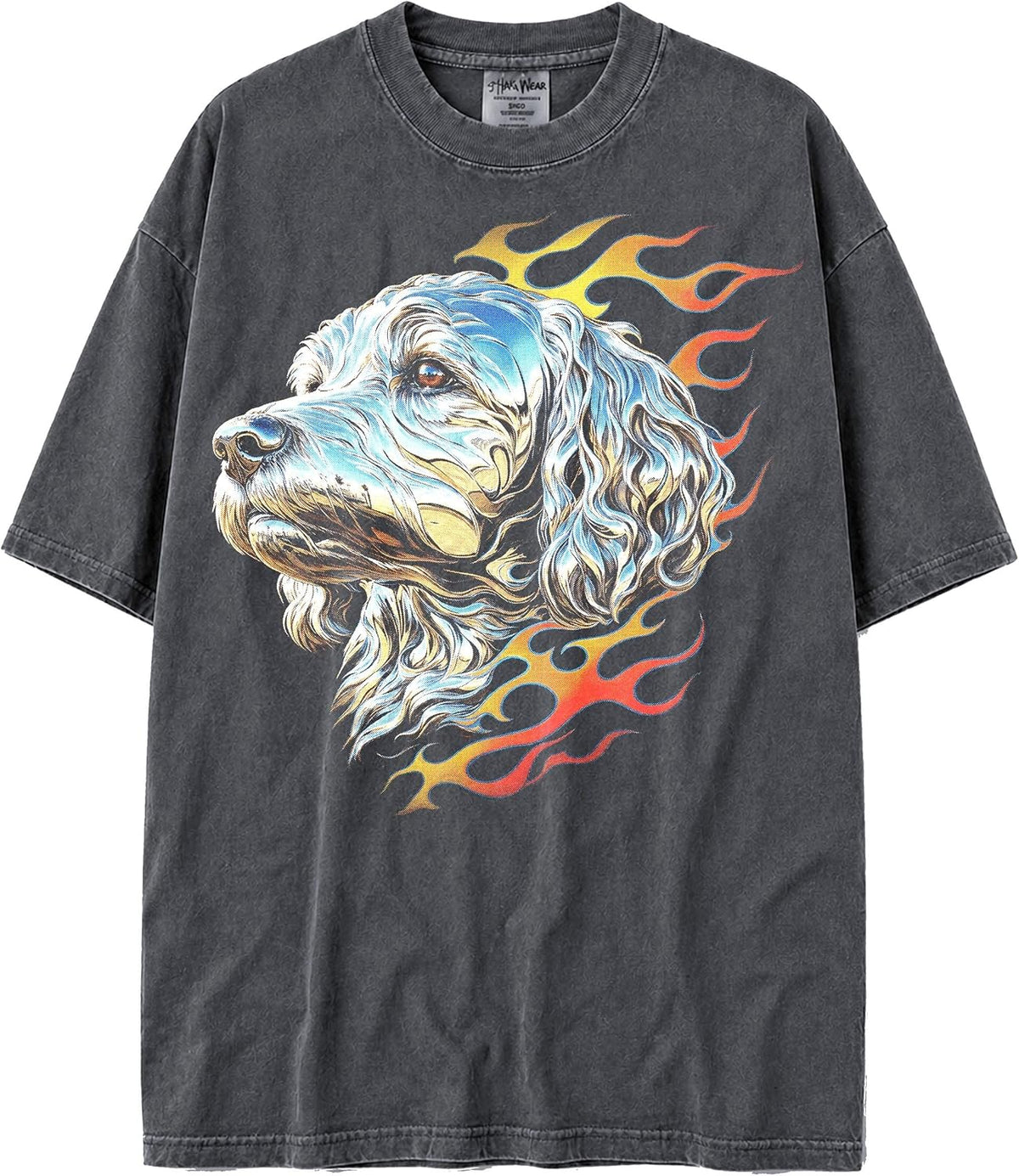 U.S.A. MAX-Heavyweight Shaka Wear 7.5oz 100% Cotton Oversized Tshirt - Chromed Out Animals with Flames - Cockapoo