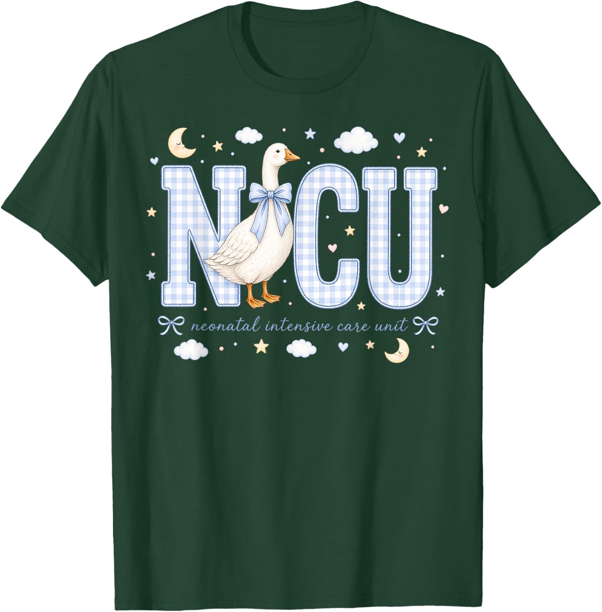 NICU Nurse Goose Gingham Pastel Graphic T-Shirt - Dark Green