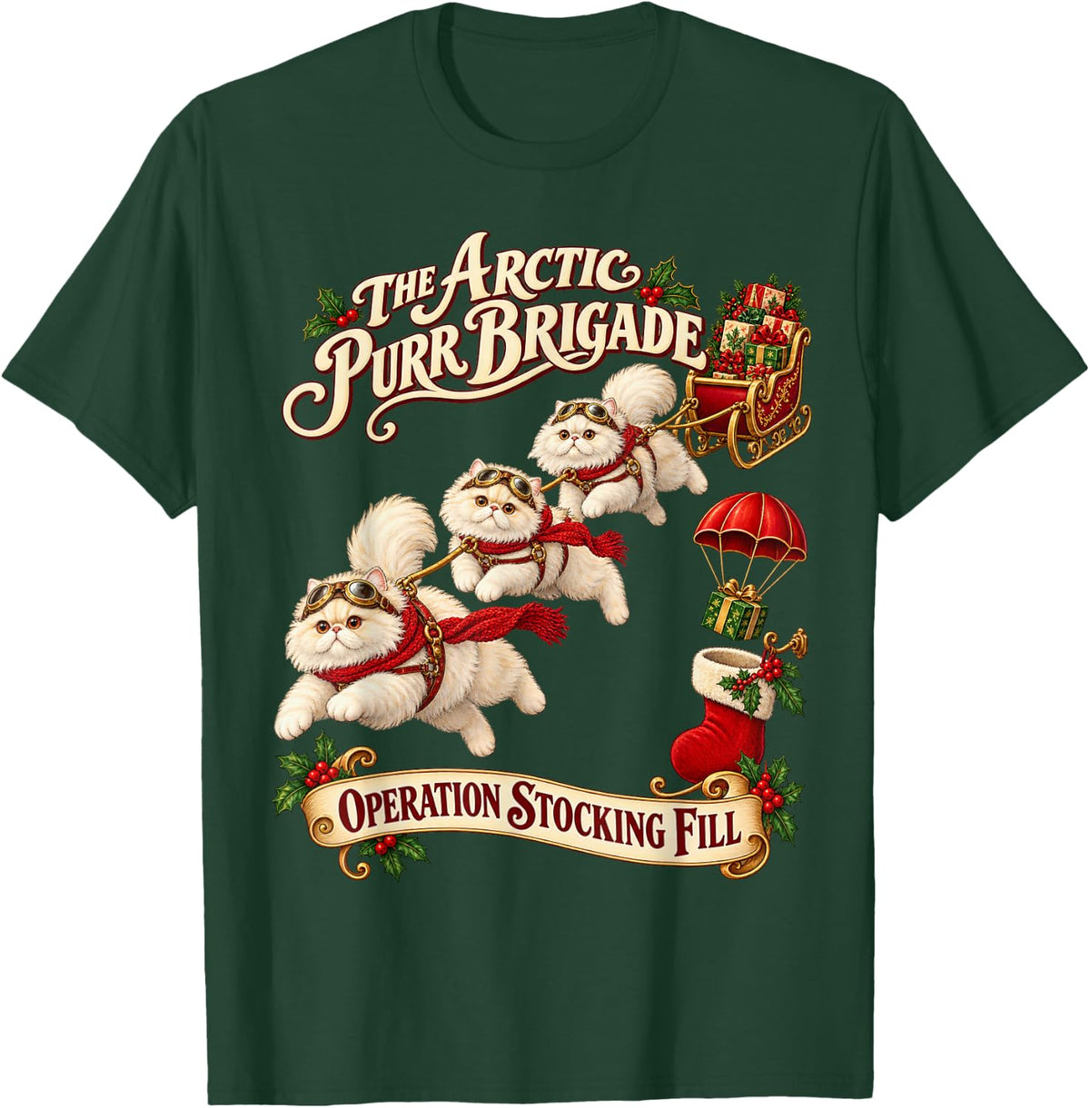 Persian Longhair Cat Classic Xmas Stocking T-Shirt - Dark Green