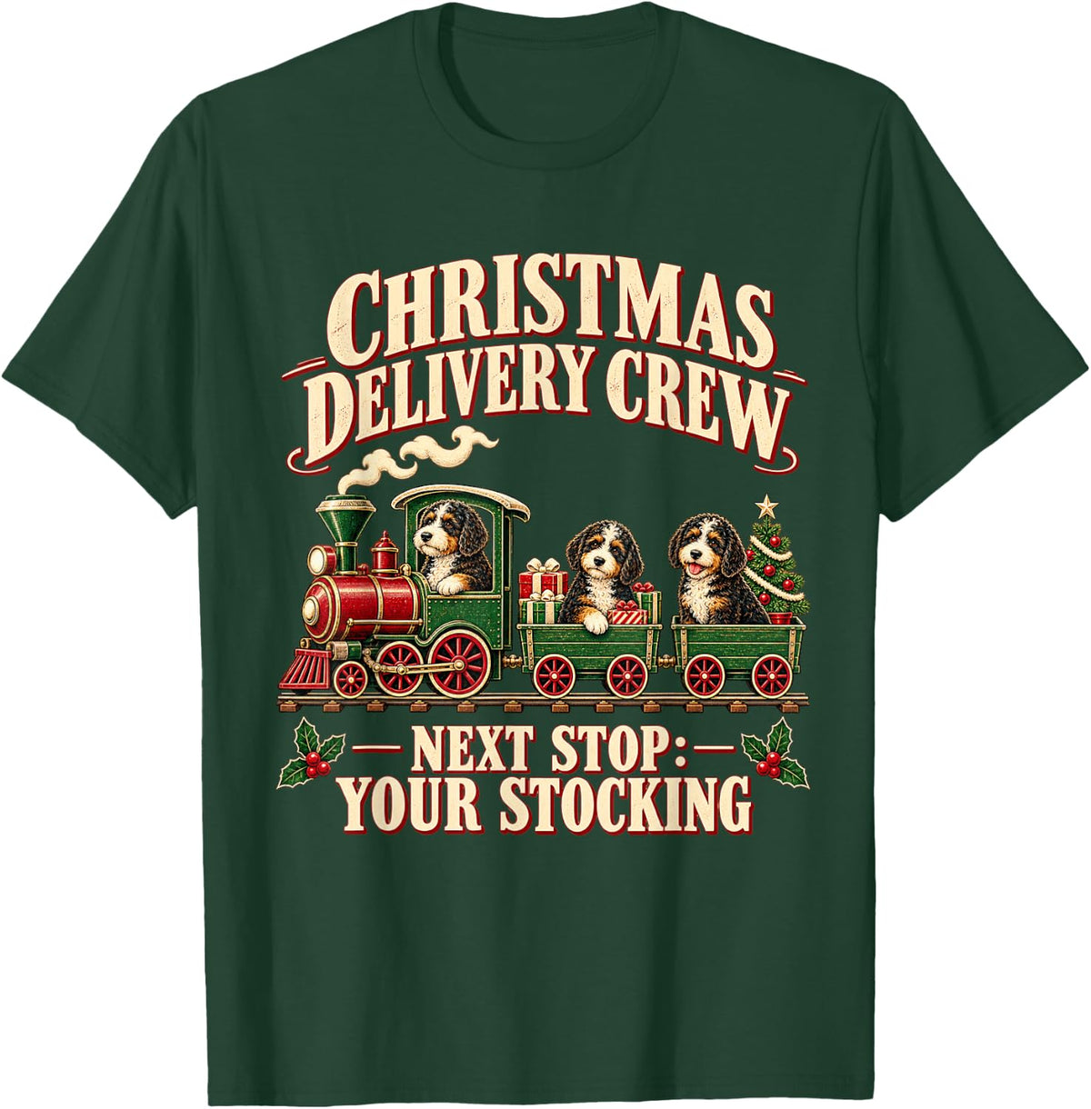 Bernedoodle Dog Classic Xmas Locomotive T-Shirt - Dark Green