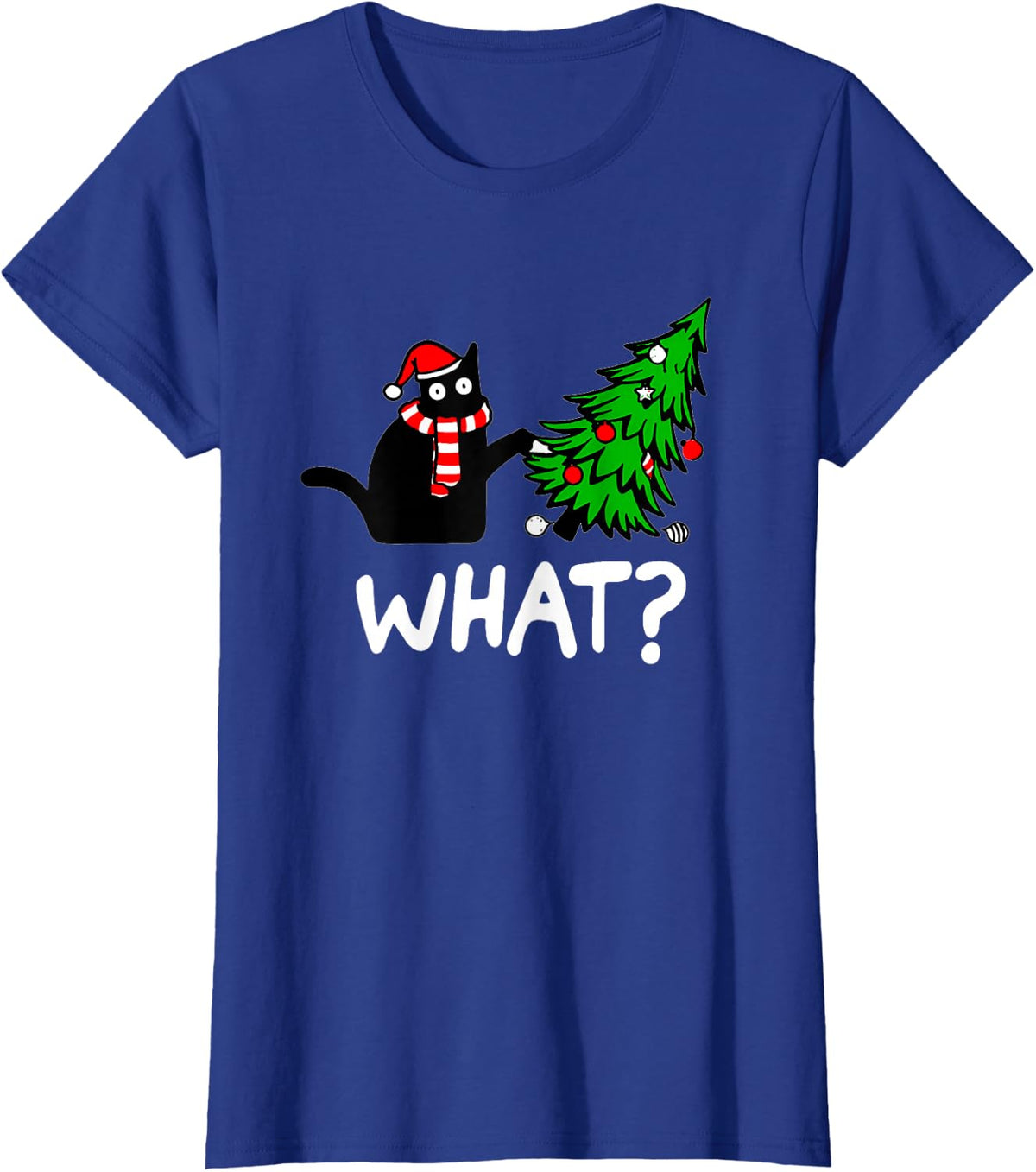Funny Black Cat Gift Pushing Christmas Tree Over Cat What? T-Shirt - Royal Blue