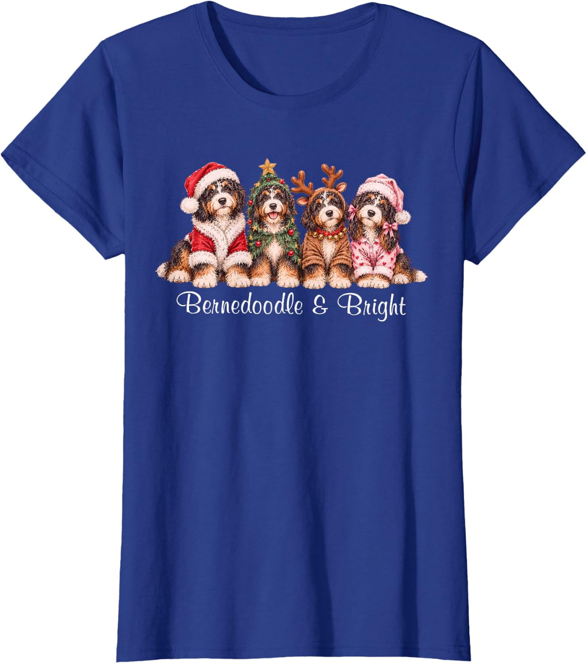 Bernedoodle and Bright Christmas Tree Santa Reindeer T-Shirt - Royal Blue