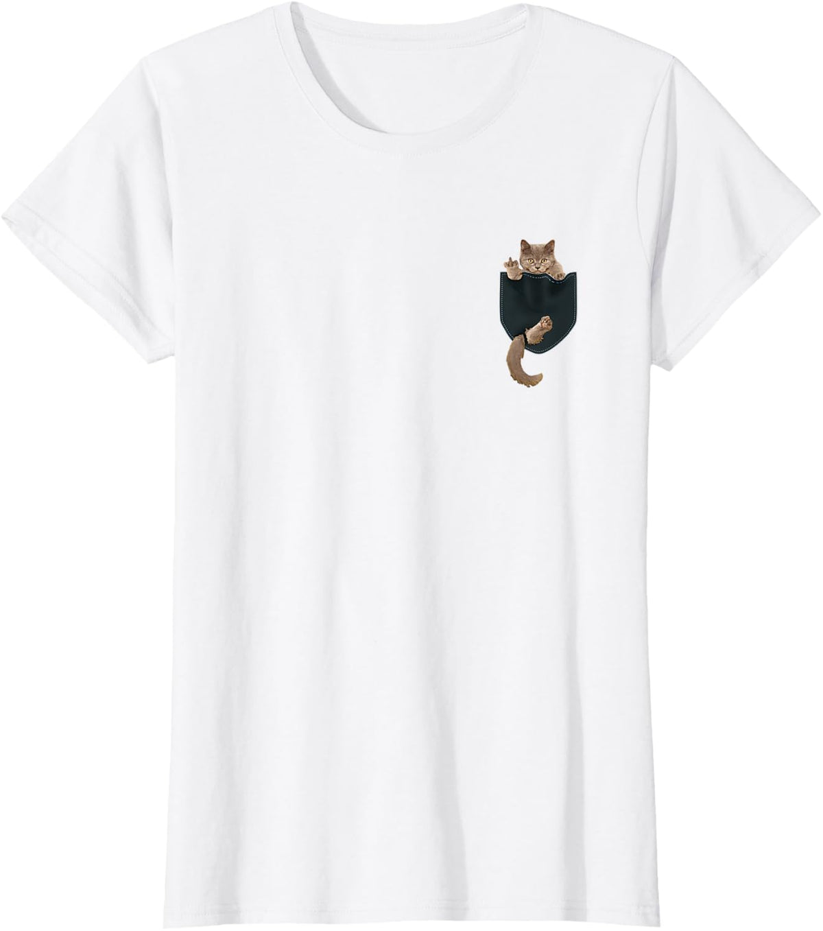 Funny Cat in Pocket - Cat Finger Pocket T-Shirt Small - White