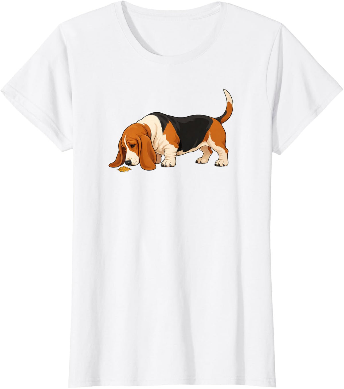 Cute Basset Hound Sniffing Fall Leaves Dog Lover Art T-Shirt - White