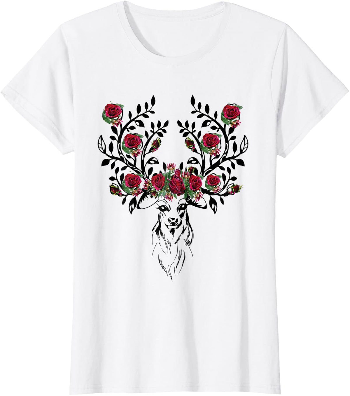 Women's Deer Antler Boho Floral Crown Head Graphic T-Shirt - White