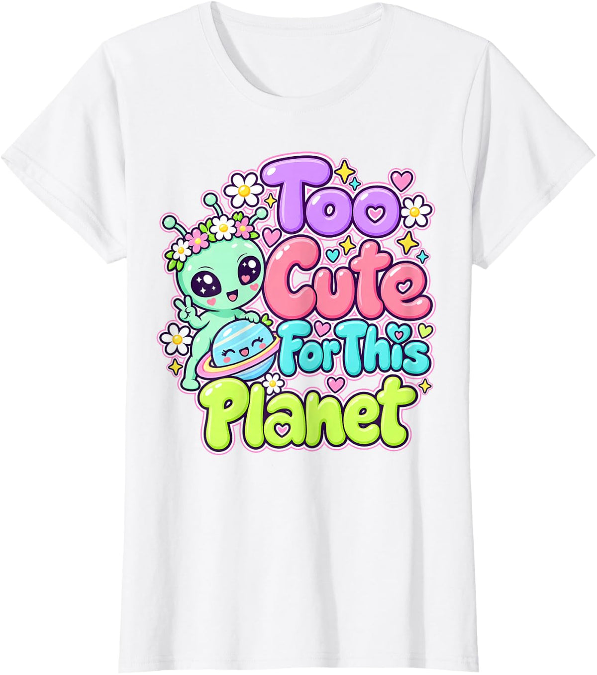Too Cute for This Planet Kawaii Alien Space Girls T-Shirt - White