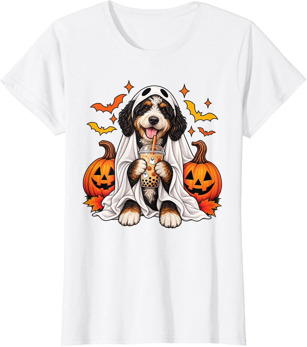 Cute Bernedoodle Dog Ghost Boba Halloween Pumpkin Bubble Tea T-Shirt - White