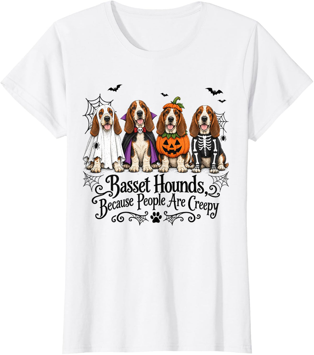 Basset Hounds Because People are Creepy Halloween Ghost Dog T-Shirt - White