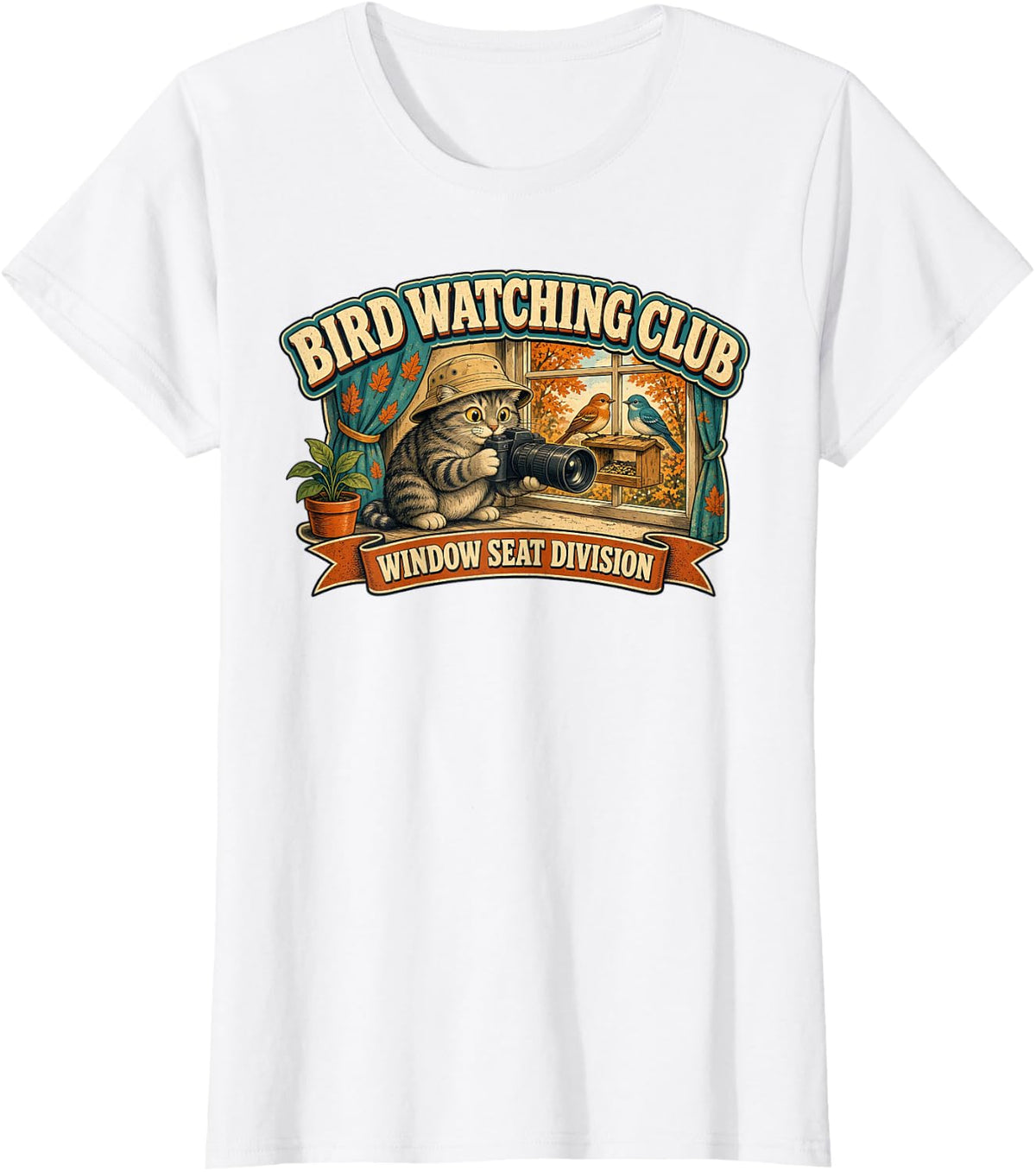 Bird Watching Club Window Perch Division Funny Cat Camera T-Shirt - White