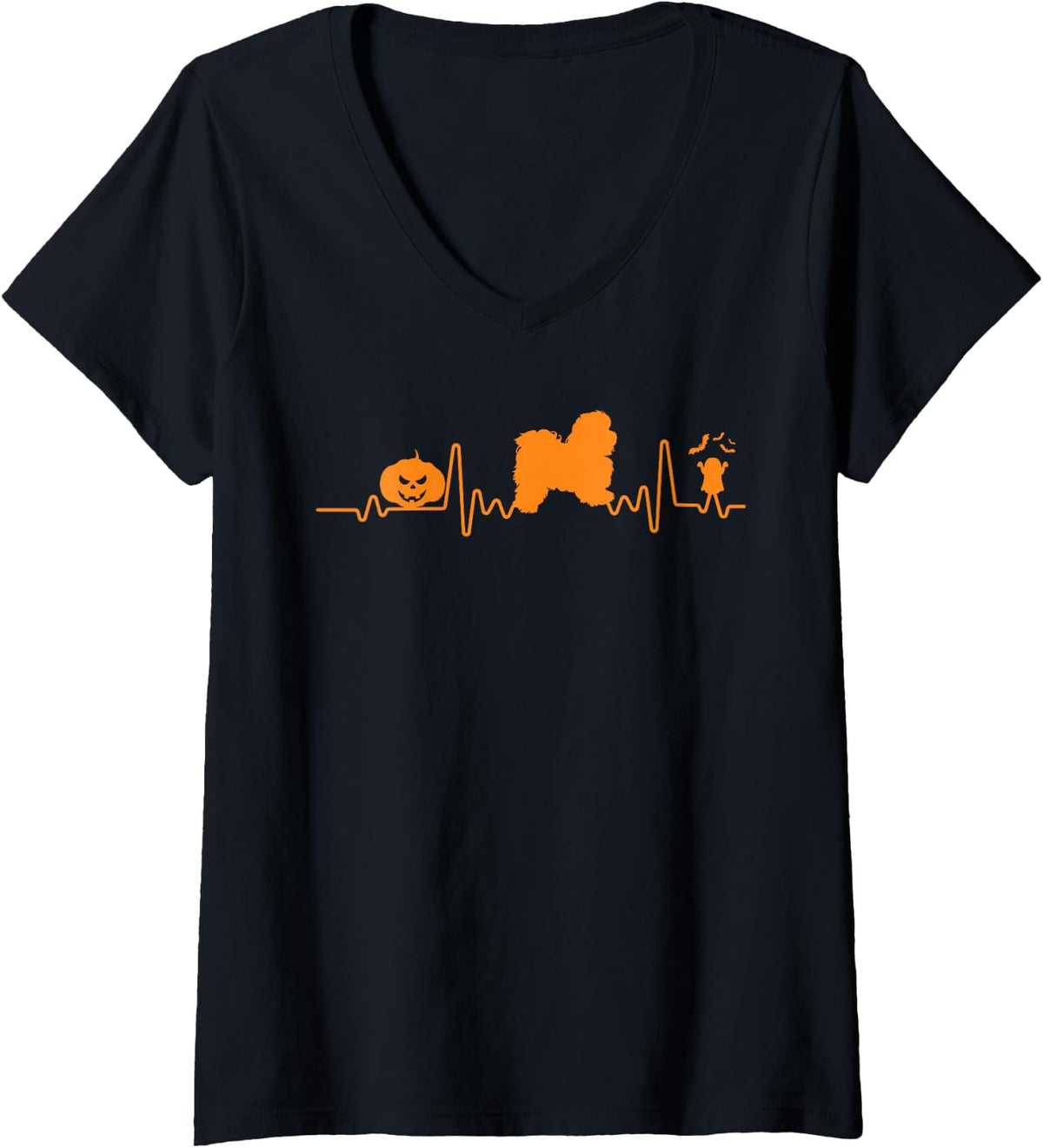 Women's Havanese Dog Heartbeat Pumpkin Funny Halloween Costume V-Neck T-Shirt - Black