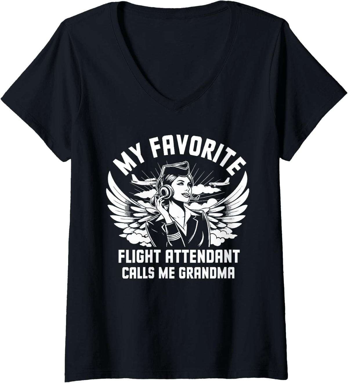 Womens My favorite Flight Attendant calls me Grandma V-Neck T-Shirt - Black