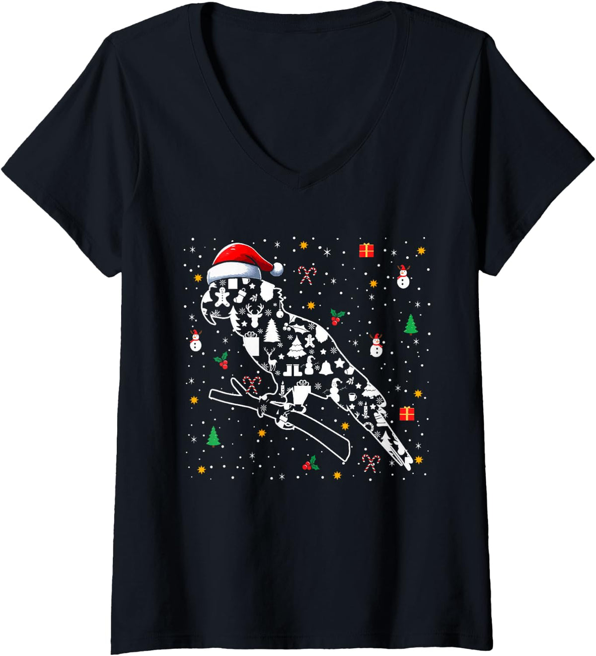 Women's Christmas Symbols Santa Parrot Cute Shape Matching Kids V-Neck T-Shirt - Black
