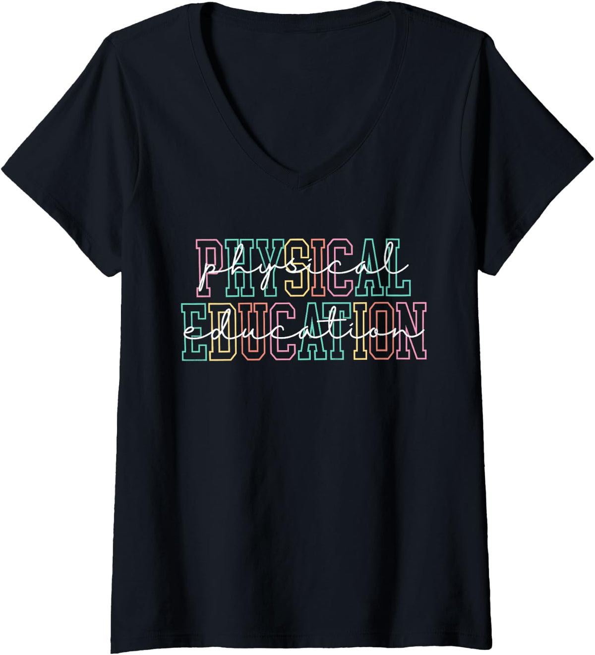 Women's Physical Education Pastel Varsity Lettering and Script V-Neck T-Shirt - Black