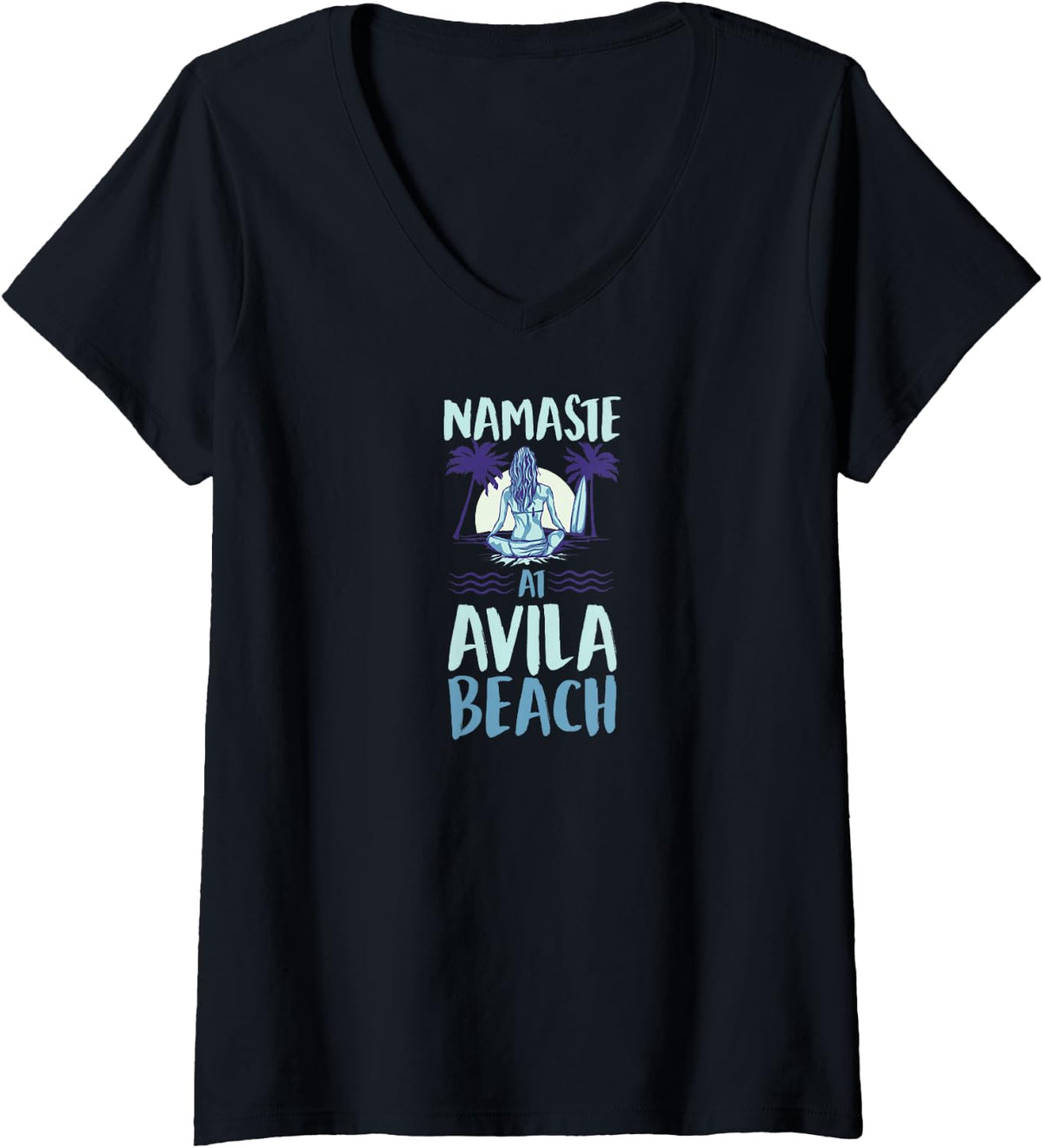Women's Namaste At Avila Beach California Yoga At The Beach V-Neck T-Shirt - Black