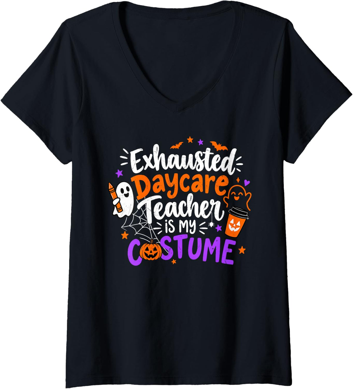 Women's Exhausted Daycare Teacher is My Costume Halloween Sarcastic V-Neck T-Shirt - Black