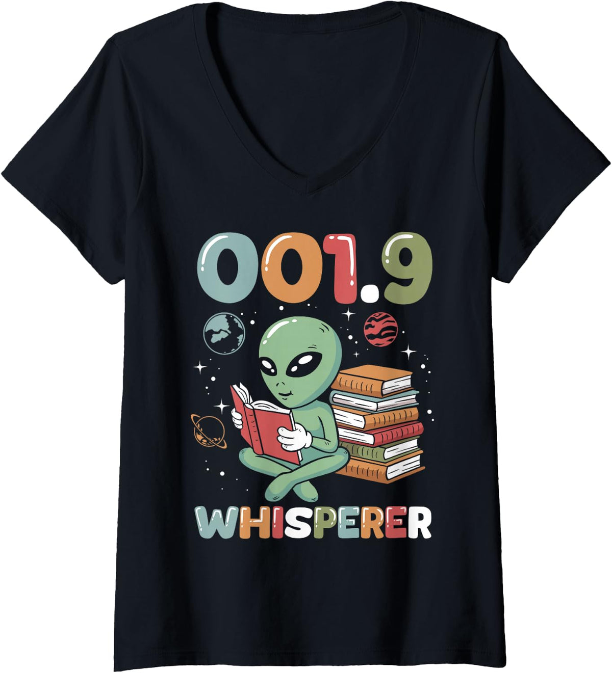 Women's Librarian 001.9 Whisperer Book Reader Library Worker V-Neck T-Shirt - Black