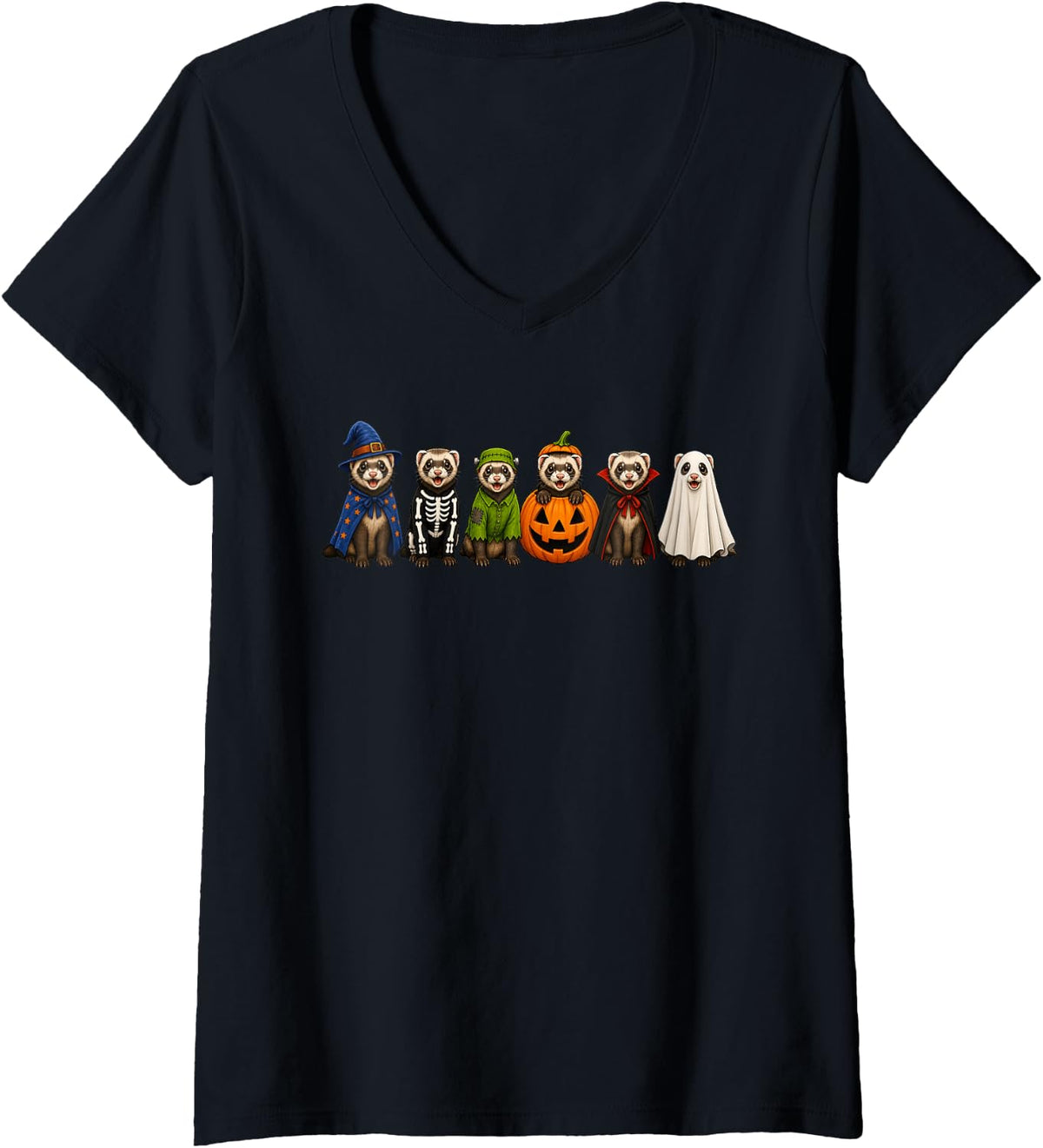 Women's Halloween Ferret Costume Spooky Pumpkin Vampire Ghost V-Neck T-Shirt - Black