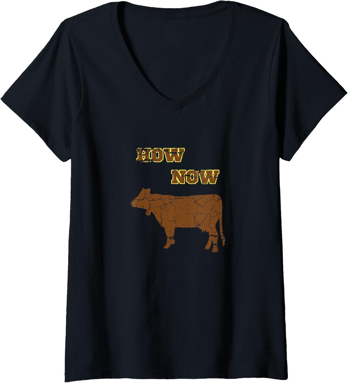 Women's How Now Brown Cow Design Funny Cattle Bovine Silly Pun V-Neck T-Shirt - Black