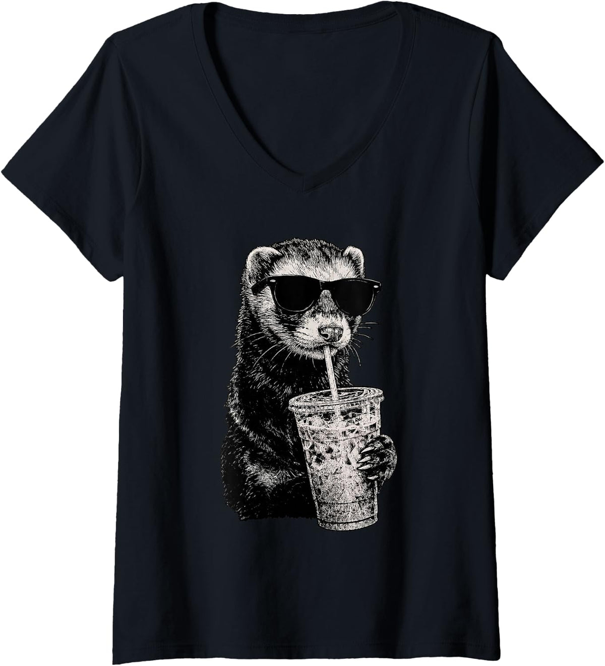 Women's Ferret Drinking Iced Coffee Wildlife Animal Humor V-Neck T-Shirt - Black