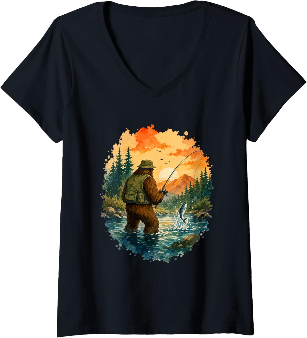 Women's Sasquatch Bigfoot Angler at Sunset Lake Fly Fishing V-Neck T-Shirt - Black