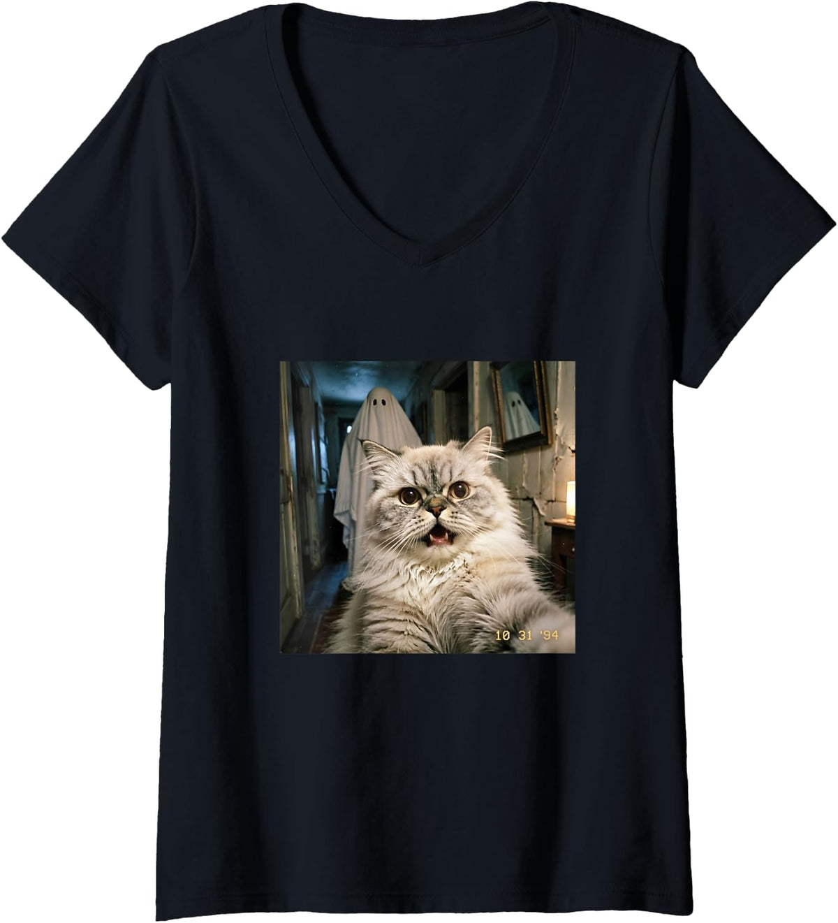 Women's Persian Cat Ghost Selfie Halloween Tee Men Women Kids V-Neck T-Shirt - Black
